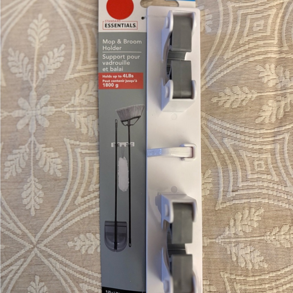 Essentials Gray and White Mop & Broom Holder